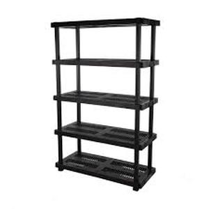 lot 7 image: HDX 5 Tier Plastic Adjustable Garage Storage Shelving Unit in Black (48 in. W x 75 in. H x 20 in. D) Customer Returns See Pictures