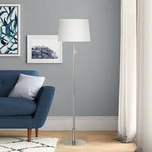 lot 24 image: Hampton Bay Ganton 58 in. Polished Nickel Finish 1-Light Standard Floor Lamp for Living Room with Hardback Drum Linen Shade     Customer  Returns See Pictures
