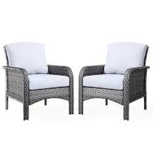 lot 35 image: Denali Gray Modern Wicker Outdoor Lounge Chair Seating Set with Beige Cushions (2-Pack)   Customer  Returns See Pictures