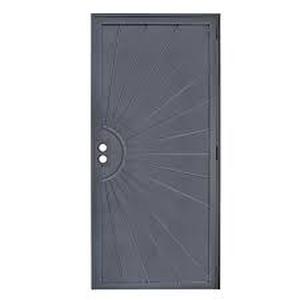 lot 36 image: US Door and Fence 32 in. x 80 in. Nuevo Dia Black Steel Surface Mount Outswing Security Door with Perforated Steel Screen Inlay    Customer  Returns See Pictures