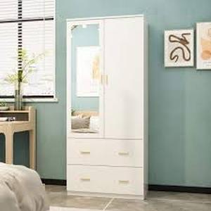 lot 37 image: White Armoire with a Mirror 2-Drawers and 5-Shelves 31.5 in. L x 16.4 in. W x 72.0 in. H    Customer  Returns See Pictures