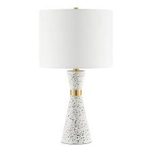 lot 56 image: Hampton Bay Sosebee 24 in. White TerrazzoBrass Gold Terrazzo Hourglass Table Lamp Customer  Returns See Pictures