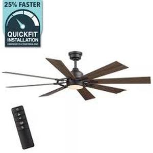 lot 58 image: Home Decorators Collection Makenna 60 in. IndoorOutdoor Matte Black Ceiling Fan with Integrated LED with Light Kit, DC Motor and Remote Customer  Returns See Pictures