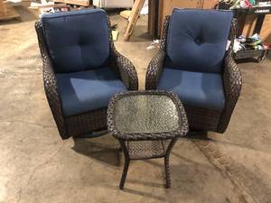 lot 16 image: Outdoor Wicker Chairs with Blue Cushions and Table Customer Returns See Pictures
