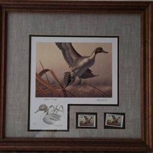 lot 15 image: 1985 Artist Proof Number 98200 called Autumn Song.. Don Breyfogle 1415 Artist Proof Stamp. In Wooden Frame 18 W x 17 L. 
