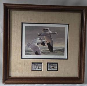 1991 Minnesota Waterfowl Stamp print by Daniel Smith Print 630/2000 in Wooden frame. 18" T x 17" W. Includes 2 $5 Ross Waterfall Stamps.&nbsp;