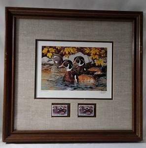 lot 7 image: Minnesota 1986 Duck Stamp print by Brian Jarvi with 1984 Thomas F. Gross Print 23374200 This stamp print is the 10th in this very collectible series. The Print and Stamp are in wooden frame. 18 12 L x 17 12W. 