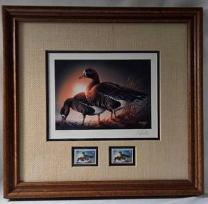 1984 Terry Redlin Print number 630/4385 "White Fronted Geese" in wooden frame, includes 2 $3 Duck stamps. 18 1/2"L x 17 1/2" W.&nbsp;&nbsp;