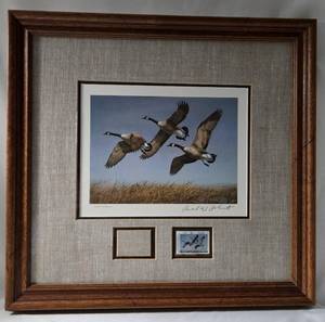 lot 4 image: 1982 ND Duck Stamp Print #72589939 by Richard Plasschaert. 18 12L x 17 12 W. Includes one 1982 ND Resident Small Game and Habitat Stamp of $9.