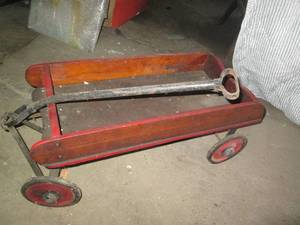 lot 212 image: Antique wooden wagon with metal han...