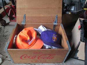 lot 105 image: Wood lidded Coca-Cola box with a va...