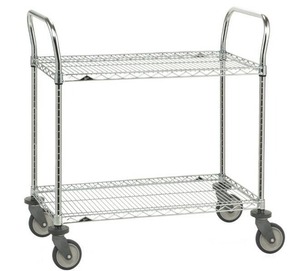 lot 61 image: MSRP $1000 Metro&nbspHigh Quality Heavy Duty 2-Tier Stainless Steel Chrome Finish NSF Wire Storage Cart Truck -Quick Item and Supply Relocation, Push Handles for Easy Steering - Great Condition Contents Not Included
