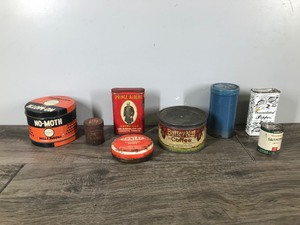 lot 235 image: Lot of Collectible Tins - No-Moth - Handy Assorted Cotter Pins (Full) - Dunlap Soldering Paste (semi full) - Prince Albert Tobacco - Walgreens Saltpeter (full) - Rawleigh pepper (full) - Butternut coffee - Powder can