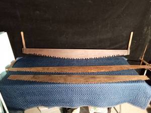 lot 155 image: 1 Vintage two men saw blade and 2 vintage two men saws
