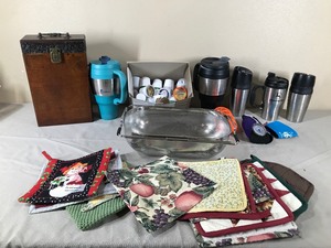 lot 396 image: Keurig Pods - Wood Box - Insulated Coffee Mugs - Koozies and Oblong Strainer