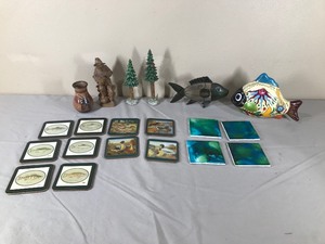 lot 385 image: Fish Coasters, Ceramic Fish, Metal Fish, Old Man Wood Musician Figurine, Ceramic Trees, Small Vase