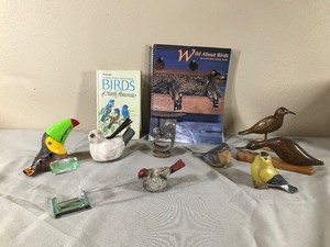 lot 376 image: Wood, Stone, Ceramic Bird Figurines plus 2 Bird Books (Wild and N. American)