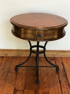 lot 16 image: Solid Wood Metal Framed Round End Storage Table by Hammary Furniture - Smoke Free
