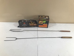 lot 338 image: Box of 12 - 8oz wood fire starter, new Pine Mountain ultra flame fire log and 2 skewers