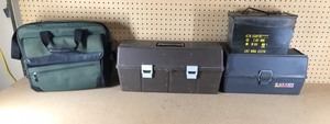 lot 290 image: Metal ammo can, small travel bag, shooters accessories box and Black Hawk tackle box