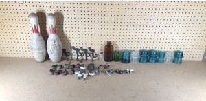 lot 288 image: 2 wood bowling pins, old casters, vintage bottles, glass insulators