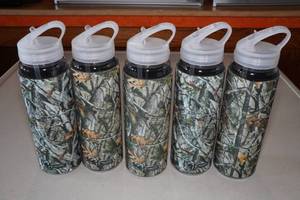 lot 247 image: 5 Plastic Water Bottles with Camo Coozies