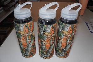 lot 263 image: 3 Plastic Water Bottles with Camo Coozies