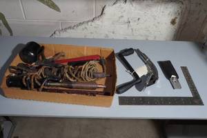 lot 159 image: Body Repair Solder Irons, Antique Wrench, Oil Can Spout