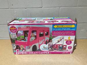 lot 240 image: Barbie Doll DreamCamper Van Playset with Pets, Pool, Slide & Accessories, Toys For Ages 3 Years Old & up