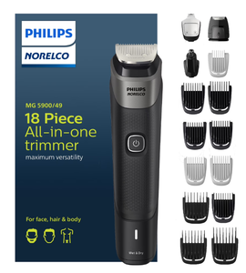 lot 301 image: Philips Norelco Multigroom Series 5000 18 Piece, Beard Face, Hair, Body and Intimate Hair Trimmer For Men