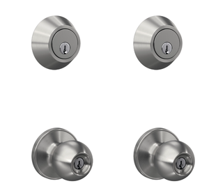 lot 390 image: First Secure by Schlage Deadbolt and Keyed Entry Rigsby Knob, 2PK in Stainless Steel