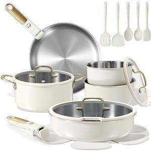 lot 26 image: Carote 19 Piece Tri-Ply Stainless Steel Cookware Set (Cream White)