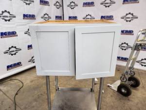 lot 11 image: KraftMaid light grey Kitchen Wall Cabinet with Two Doors and Shelf