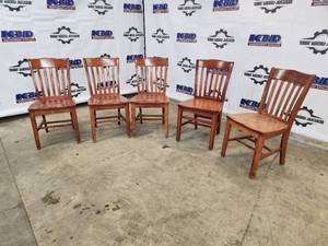 lot 12 image: Set of 5 Wooden Slat-Back Dining Chairs