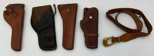 lot 20 image: Misc. Vintage Leather Pistol Holsters And One Belt