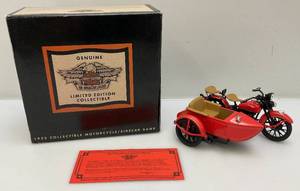 lot 246 image: Collectible Harley Davidson Limited Edition Collectible Die Cast Motorcycle & Sidecar Bank (NIB)