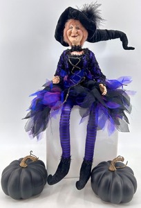 lot 37 image: Shelf sitting Halloween Witch Doll with Black Pumpkins Decor Set