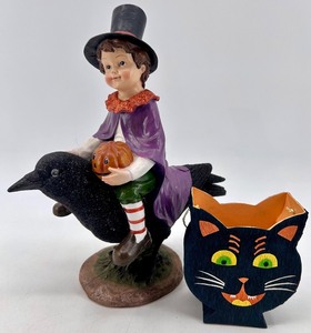 lot 38 image: Halloween Figurine of Child on Crow and Black Cat Candy Container