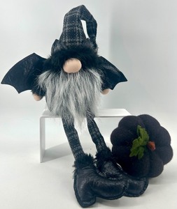 lot 39 image: Halloween Bat Wing Gnome Plush with Felted Black Pumpkin