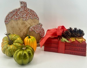 lot 45 image: Autumn Home Decor Set with Faux Pumpkins, Glittered Acorn, and Decorative Book Stack