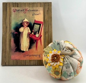 lot 48 image: Framed Vintage-Style Wall Art and Fabric Pumpkin
