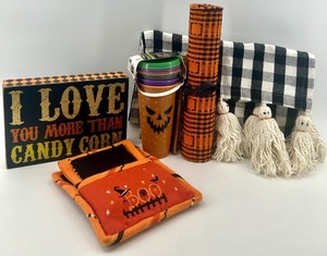 lot 54 image: Halloween Decor and Kitchen Set with Candy Corn Sign and Ghost Table Runner