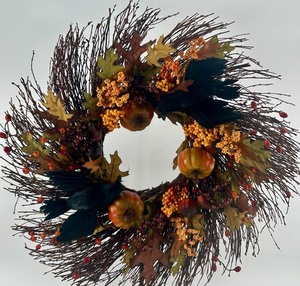 lot 58 image: Fall Harvest Wreath with Pumpkins, Berries, Leaves, and Black Birds