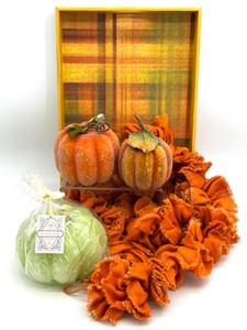 lot 66 image: Fall Decor Lot with Pumpkins, LED Candle, Ruffled Garland, and Plaid Tray