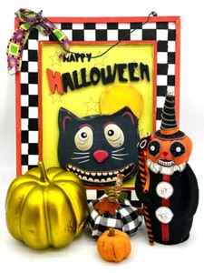 lot 67 image: Halloween Black Cat Wall Art, Vintage Felt Pumpkin Figure and Decorative Pumpkins Set