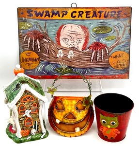 lot 69 image: Halloween Decor with Swamp Creature Sign, Ceramic Haunted House, Pumpkin Pail, and Owl Bucket