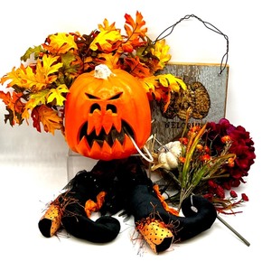 lot 70 image: Halloween Decor with Light-Up Pumpkin, Witch Legs, Faux Fall Floral and Welcome sign
