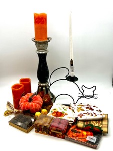 lot 71 image: Collection of Autumn Candle Decor with Holders, NEW Fall Themed Tea Towels, Ceramic Corn S&ampP Shakers from Japan and Fall Accents