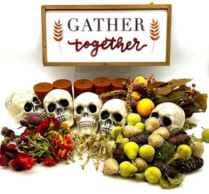 lot 73 image: Fall and Halloween Decor Collection with Gather Together Sign, Skulls, Candles, and Accents