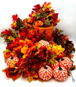 lot 74 image: Large Fall Decor Lot with Gingham Pumpkins, Halloween Bucket, Faux Leaves, Flowers, and Candles